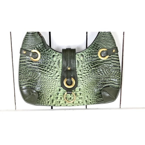 Charlie Lapson green Italian leather croc reptile embossed shoulder handbag - Picture 4 of 8